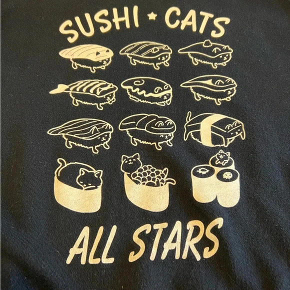 Rustic Charm Japanese Crew Neck Sweater Black Novelty Print Sushi Funny Food Cat - Picture 3 of 8